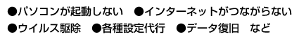 ●パソコンが起動しない　●インターネットがつながらない ●ウイルス駆除　●各種設定代行　●データ復旧　など